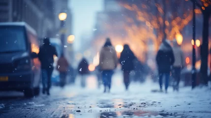 Poster Im Rahmen Blurred fast movement of people on a winter street by Generative AI © sonatik