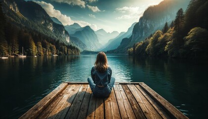 Young woman meditating on wooden pier with waterfall backdrop - serene nature photography - obrazy, fototapety, plakaty