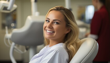 mecanico dentista y laboratorio dental.Imagen de mujer guapa sentada en sillón dental mientras médico profesional le arregla los dientes - obrazy, fototapety, plakaty