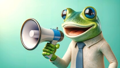 Cheerful amphibian announcing with megaphone - pastel wildlife commercial photography - obrazy, fototapety, plakaty