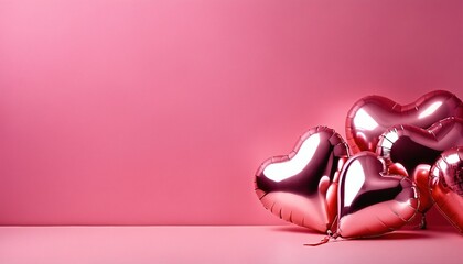 Minimal love concept with metallic, foil air balloons - Heart-shaped and pink for Valentine’s Day or wedding party