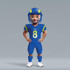 3d cartoon cute young american football player in Los Angeles Rams uniform. - obrazy, fototapety, plakaty