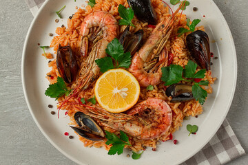 Seafood paella, shrimp and mussels risotto, rice, homemade, top view, no people,