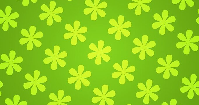 Abstract pattern background. Individually Rotating yellow flowers over parrot green color background. Seamless loop repeated pattern motion graphics background.