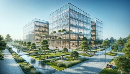 Glass office with eco-friendly design, featuring trees and green environment for sustainable building - obrazy, fototapety, plakaty