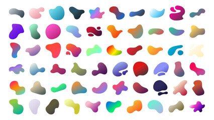 Set of gradient blob liquid elements. Fluid blob gradient elements. Liquid shapes, round abstract elements. Blotch shapes in neon colors. Simple water forms. Vector illustration. Big set shapes.
