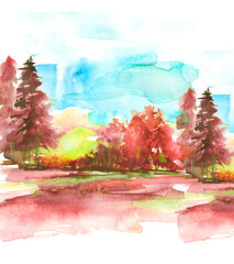 landscape watercolors. Drawing watercolor. Watercolor painting, picture, landscape - summer, autumn  Forest. Green, autumn, summer trees, fir, pine, yellow sun. Green treas on a hill with grass.