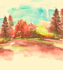 landscape watercolors. Drawing watercolor. Watercolor painting, picture, landscape - summer, autumn  Forest. Green, autumn, summer trees, fir, pine, yellow sun. Green treas on a hill with grass.