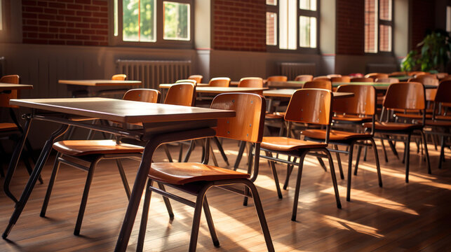 Empty classroom with desks and chairs on a brick floor.