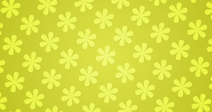 Abstract pattern background. Individually Rotating flowers over yellow color background. Seamless loop repeated pattern motion graphics background.