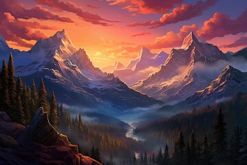 Mountain range at amazing sunset. Poster, wall art design. Ai Generative