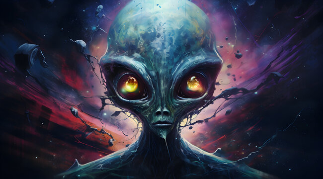 Illustration of a mystical alien being with large eyes set against a cosmic backdrop.