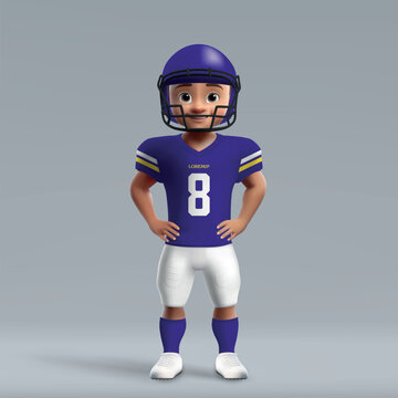 3d cartoon cute young american football player in Minnesota uniform.