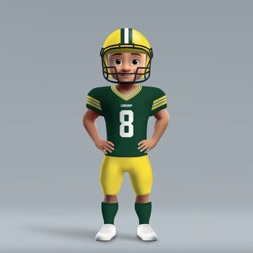3d cartoon cute young american football player in Green Bay uniform.