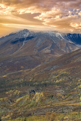 Canada, Yukon, view of the tundra in autumn, with mountains in background, beautiful landscape in a wild country
