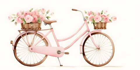 Fototapeta na wymiar There is a bicycle on a pure white background with watercolor roses and romantic elements in the basket flat vector