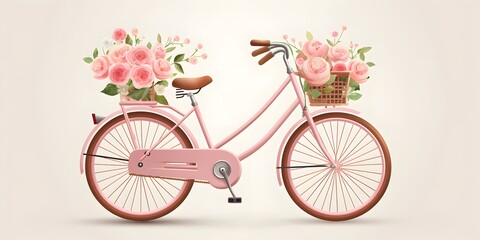 There is a bicycle on a pure white background with watercolor roses and romantic elements in the basket flat vector