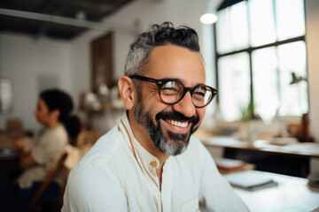 Man with glasses and beard smiling at camera. Suitable for business and professional use
