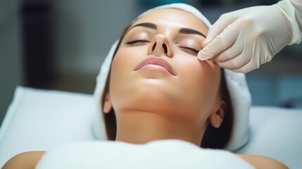 Obraz na płótnie Canvas plastic surgery, beauty, Surgeon or beautician touching woman face, surgical procedure that involve altering shape of nose, doctor examines patient nose before rhinoplasty, medical assistance, health