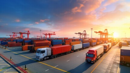 Container truck in ship port for business Logistics and transportation of Container Cargo ship and Cargo plane with working crane bridge in shipyard at sunrise, logistic import export and transport