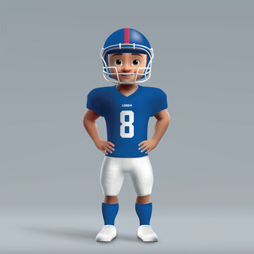 3d cartoon cute young american football player in New York Giants uniform.
