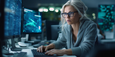Focused Mature Woman Engaged in Precision Data Analysis and Research at Computer Workstation in Laboratory Setting AI generated