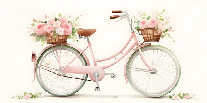 There is a bicycle on a pure white background with watercolor roses and romantic elements in the basket flat vector