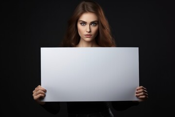 Naklejka premium Young woman holding a blank sign, excited woman holding empty blank board for black friday advertising and markting banner, poster