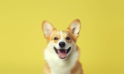 Corgi Closeup portrait of funny, cute, happy white dog, looking at the camera with mouth open isolated on colored background. Copy space.