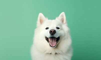 white pomeranian dog, Closeup portrait of funny, cute, happy white dog, looking at the camera with mouth open isolated on colored background. Copy space.