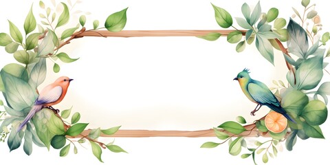 Watercolor flat vector illustration of a blank wooden board with birds and leaves on a pure white background and nothing else