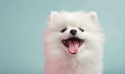 Fototapeta premium Closeup portrait of funny, cute, happy white pomeranian dog, looking at the camera with mouth open isolated on colored background. Copy space.