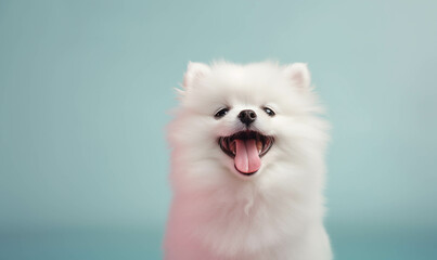 Fototapeta premium pomeranian Closeup portrait of funny, cute, happy white dog, looking at the camera with mouth open isolated on colored background. Copy space.
