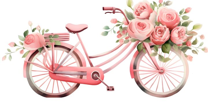 There is a bicycle on a pure white background with watercolor roses and romantic elements in the basket flat vector