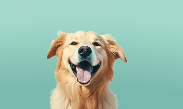 golden retriever dog, Closeup portrait of funny, cute, happy white dog, looking at the camera with mouth open isolated on colored background. Copy space.