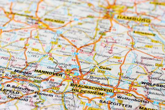 Hannover, Germany - November 4, 2023: Hannover city road map. Closeup macro view