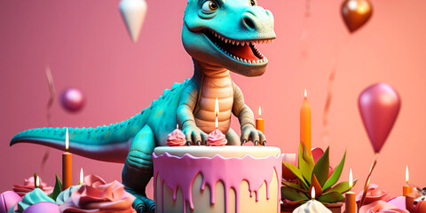 Cartoon Dinosaur Celebrates Birthday with Pink Cake: A cartoon dinosaur celebrates his birthday...