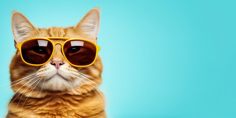 Closeup Portrait of Funny Ginger Cat Wearing Sunglasses Isolated on Light Cyan