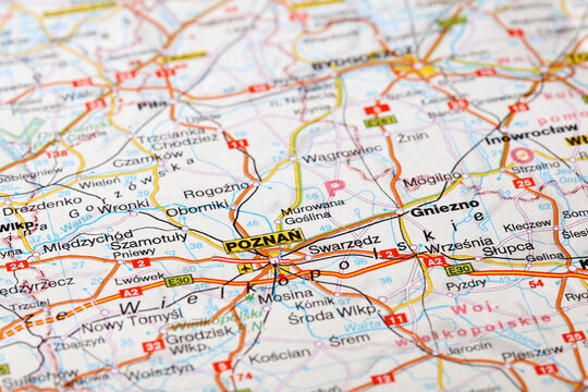 Poznan, Poland - November 4, 2023: Poznan city road map. Closeup macro view