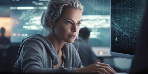 Focused Mature Woman Engaged in Precision Data Analysis and Research at Computer Workstation in Laboratory Setting AI generated