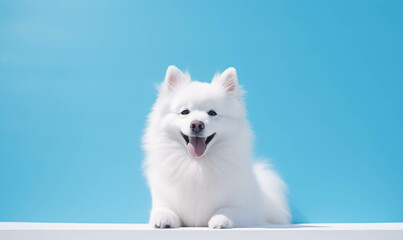 Closeup portrait of funny, cute, happy white dog, looking at the camera with mouth open isolated on colored background. Copy space.