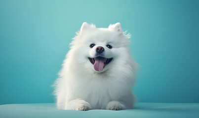 Fototapeta premium Closeup portrait of funny, cute, happy white dog, looking at the camera with mouth open isolated on colored background. Copy space.
