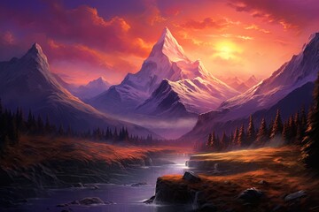 Fototapeta na wymiar Mountain range at amazing sunset. Poster, wall art design. Ai Generative
