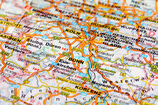 Bonn, Germany - November 4, 2023: Bonn city road map. Closeup macro view