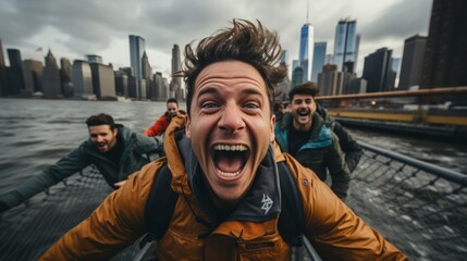 Smiling cheerful travel vlogger influencer streaming online lives to his followers during his journey travel in beautiful urban downtown travel destination travel ideas concept