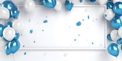 White frame on white background with blue balloons and confetti, generative AI