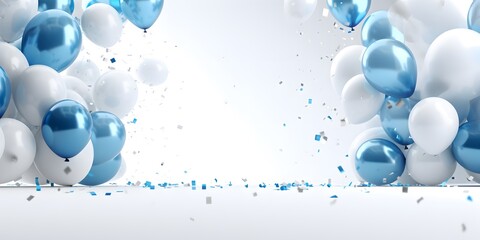 White frame on white background with blue balloons and confetti, generative AI