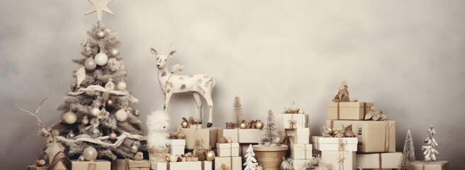Fototapeta premium A Cozy Christmas Corner: A Little Tree with Wrapped Gifts Underneath