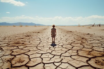 A young child standing amidst cracked, dried earth, looking towards the horizon under a blue sky.