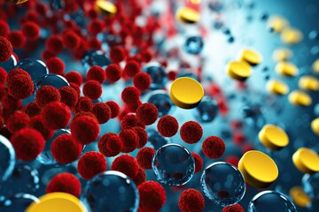 Numerous red and yellow molecules, some resembling viral particles, and blue bubbles in a fluid, creating the impression of a microscopic view. - obrazy, fototapety, plakaty